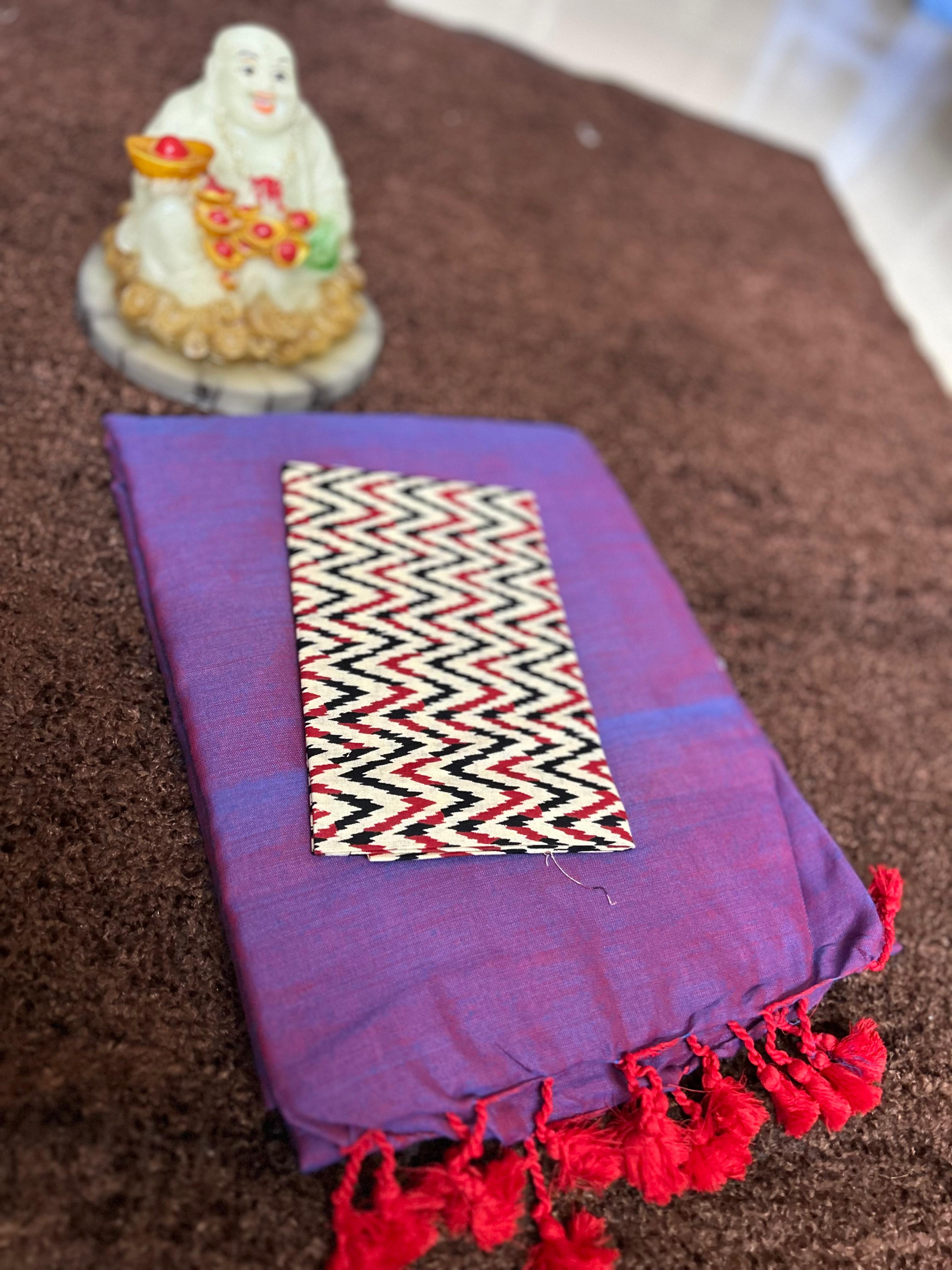 Plain Khadi Cotton Saree with Contrast Kalamkari Blouse