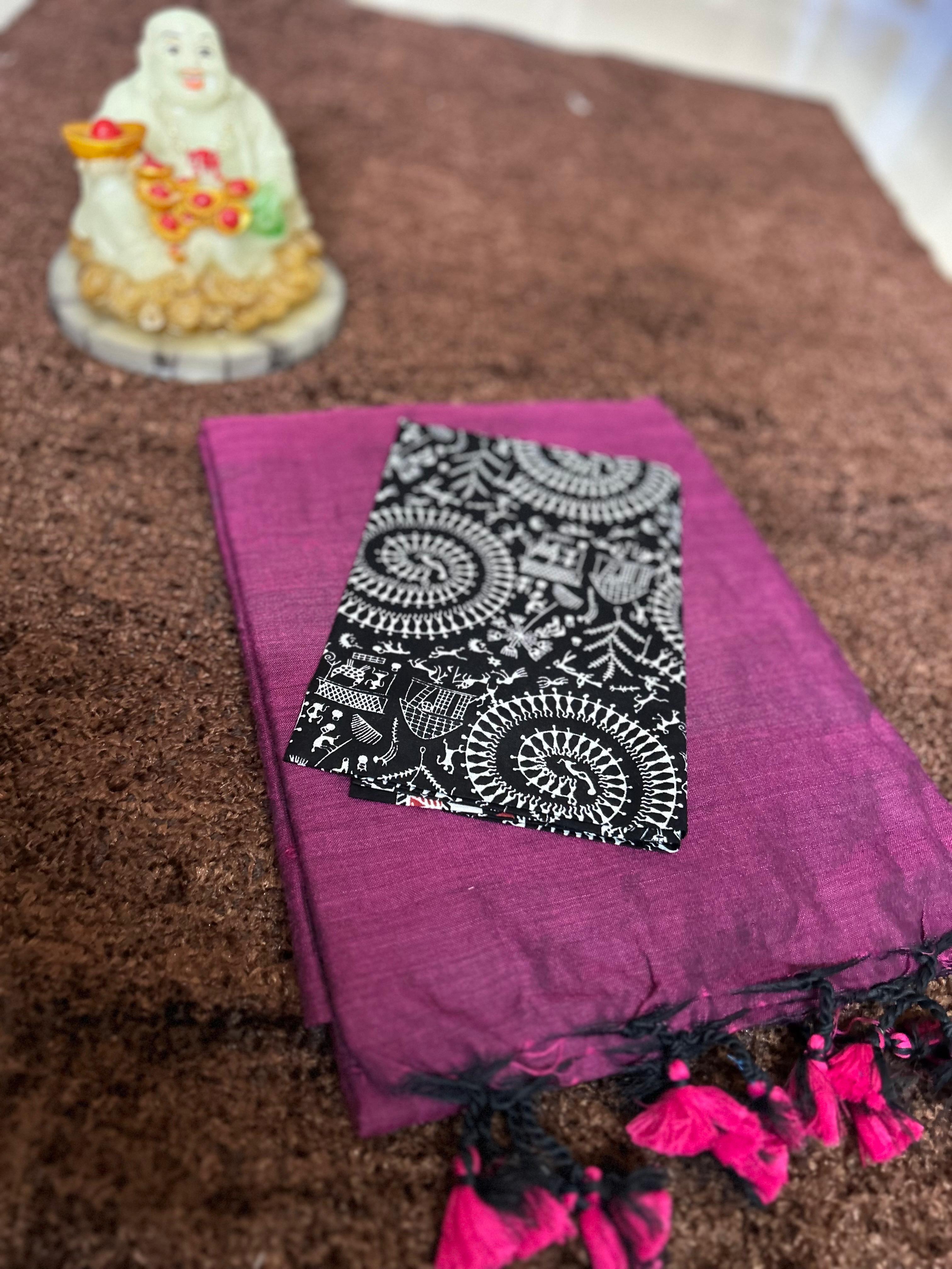 Plain Khadi Cotton Saree with Contrast Kalamkari Blouse