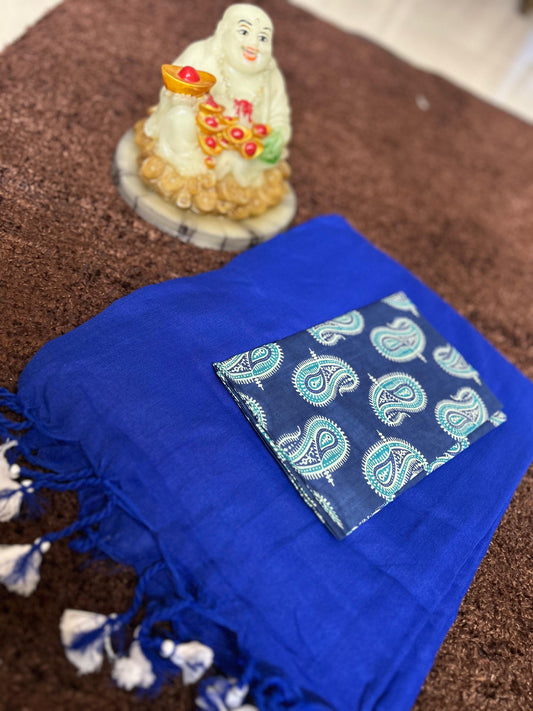 Plain Khadi Cotton Saree with Contrast Kalamkari Blouse